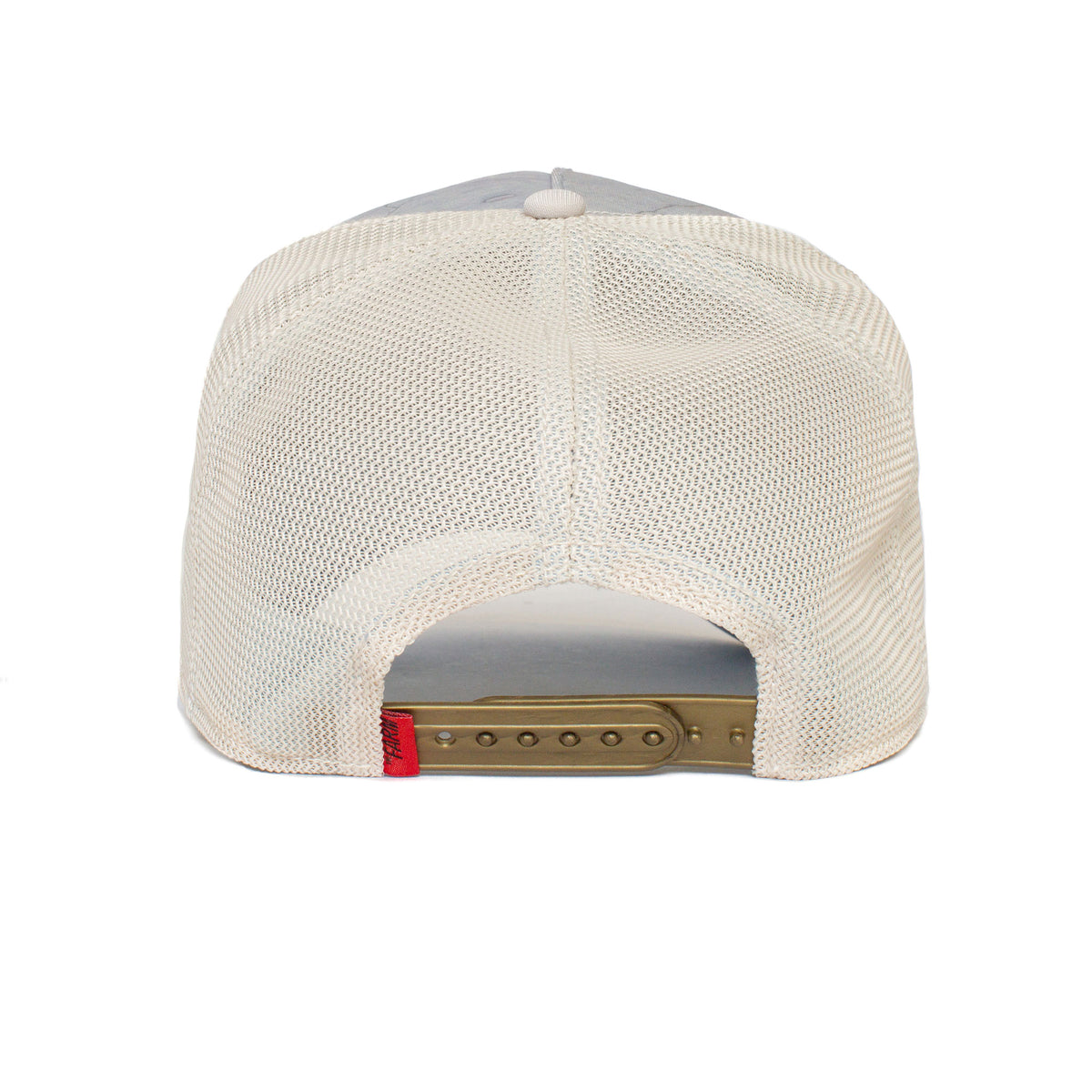 Back view of The Farm “Maximum” beige mesh trucker hat featuring an adjustable olive green plastic snap closure and a small red tag on the left side. Please note: All Sales Are Final.
