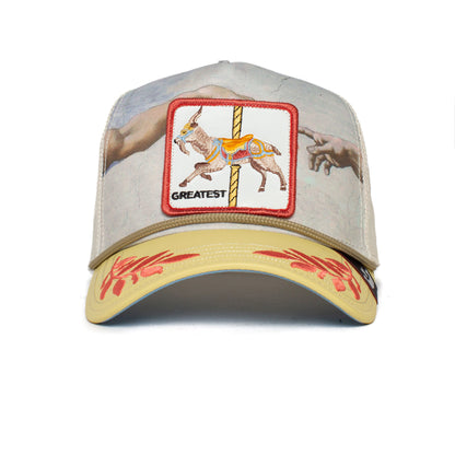 Beige and yellow Maximum baseball cap by The Farm featuring a carousel horse patch, “GREATEST” lettering, a detail from Michelangelo’s Creation of Adam, and red floral embroidery on the brim. Please note: All sales are final.