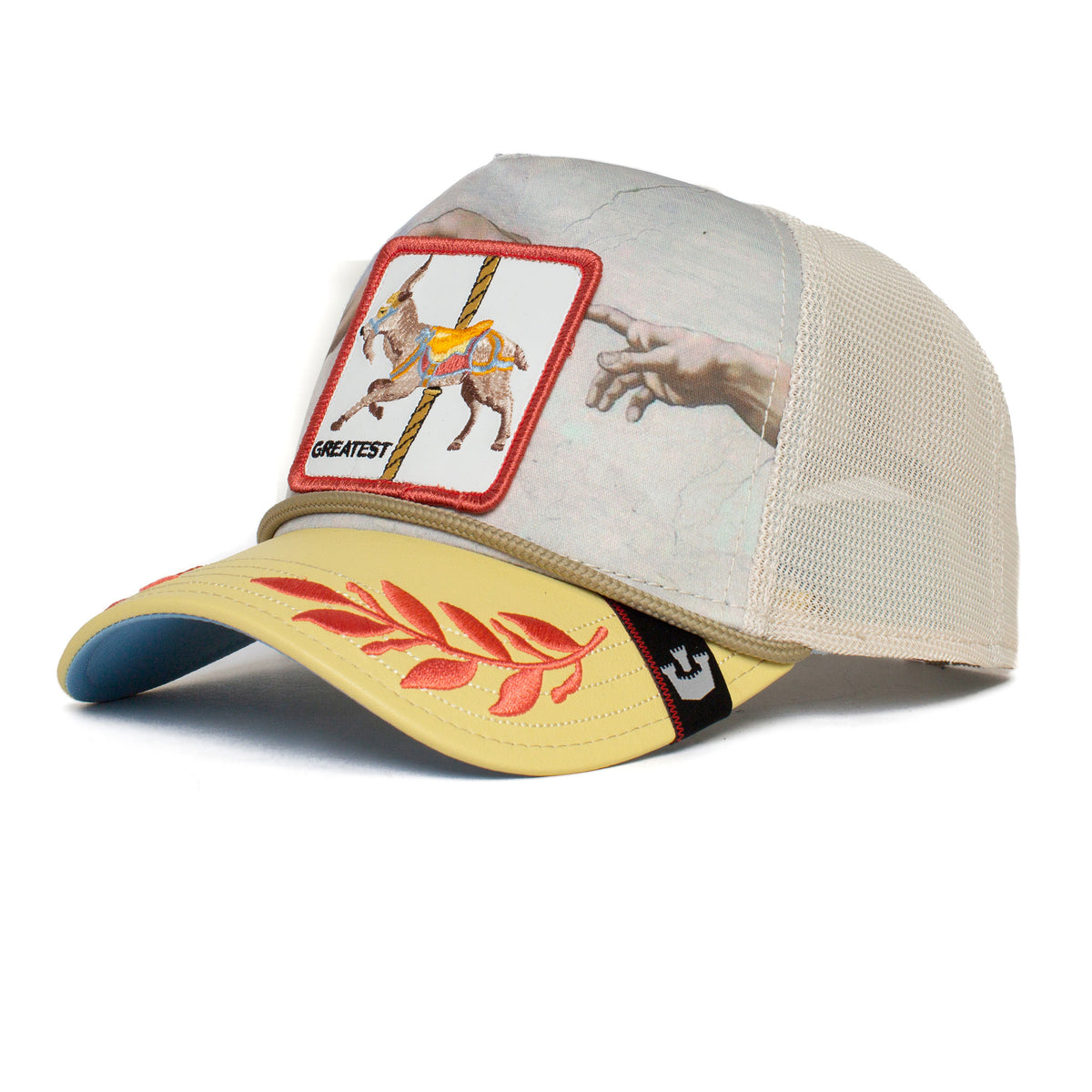 Introducing “Maximum” by The Farm: a beige mesh trucker cap featuring a horse patch, an embroidered red leaf on the yellow brim, and an artistic image of a hand reaching out inspired by Michelangelo’s Creation of Adam. Please note: All Sales Are Final.
