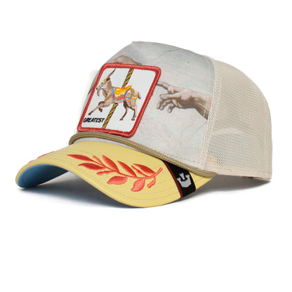 Introducing “Maximum” by The Farm: a beige mesh trucker cap featuring a horse patch, an embroidered red leaf on the yellow brim, and an artistic image of a hand reaching out inspired by Michelangelo’s Creation of Adam. Please note: All Sales Are Final.