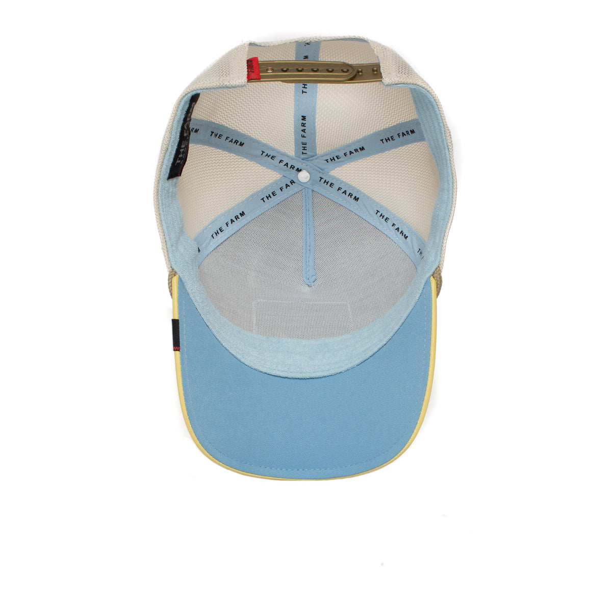 Maximum baseball cap shown from above, featuring a light blue brim, beige mesh panels, adjustable strap, and interior blue bands labeled The Farm. Please note: All sales are final.