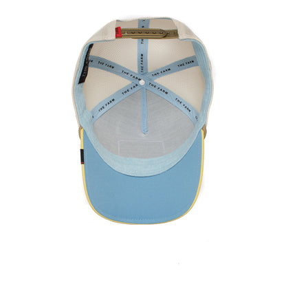 Maximum baseball cap shown from above, featuring a light blue brim, beige mesh panels, adjustable strap, and interior blue bands labeled The Farm. Please note: All sales are final.